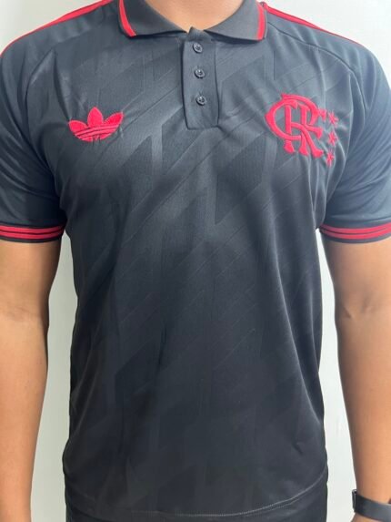 Camisa Flamengo Polo Preta c Vermelho Patrocínio Retrô