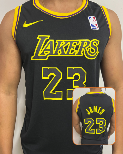 Camiseta Los Angeles Lakers Preta com Amarelo Lebron James 23
