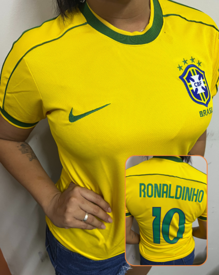 Camisa Brasil Amarelo Retrô Ronaldinho 1998/99 Feminina / Infantil