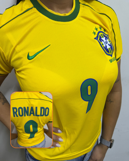 Camisa Brasil Amarelo Retrô Ronaldo 1998/99 Feminina / Infantil